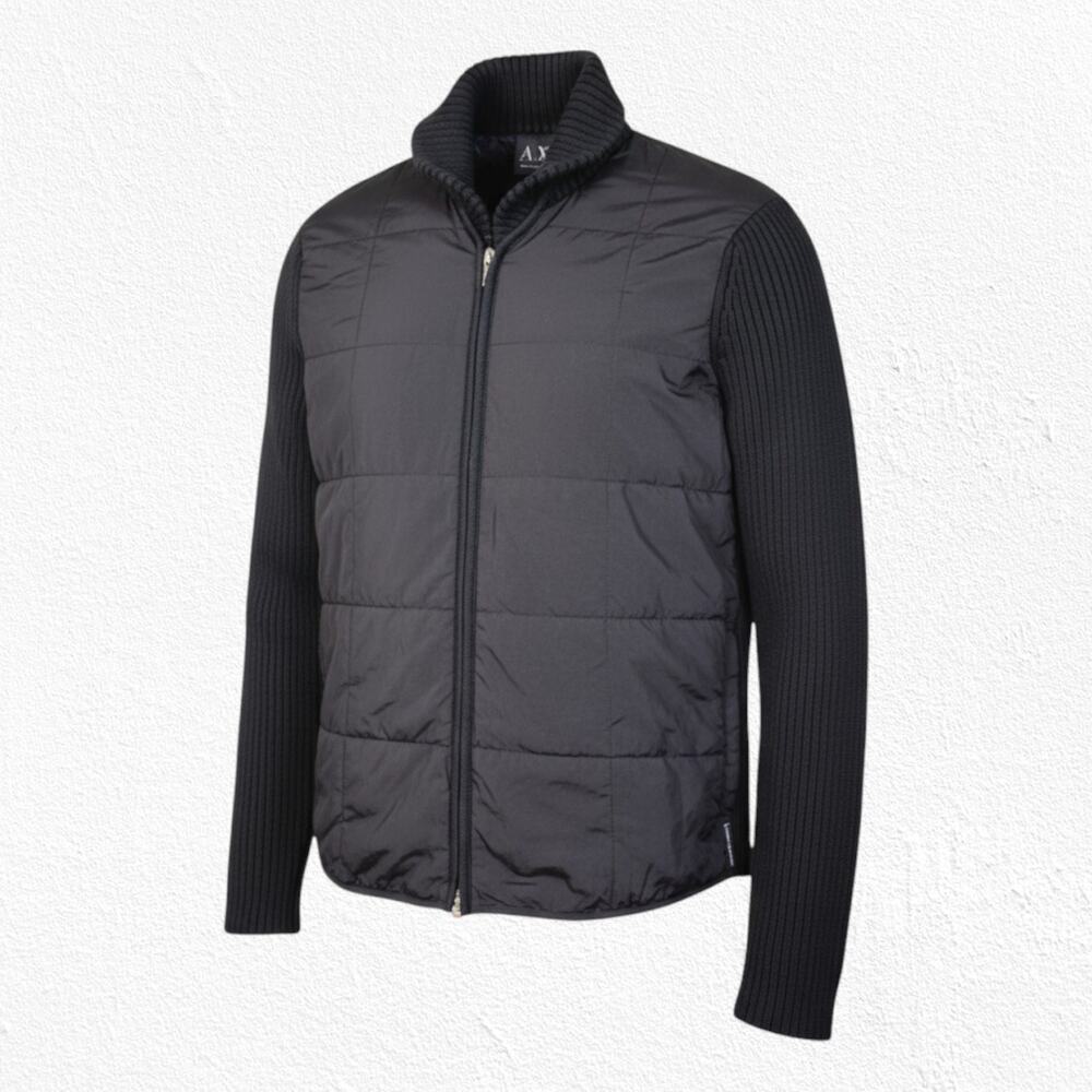 Armani Exchange Black Ribbed Knit Double Zipper Puffer Front Jacket Size Large